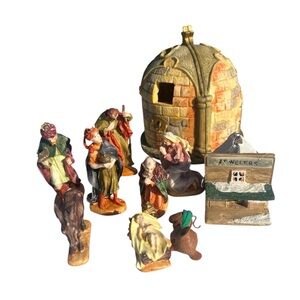 Vintage Ceramic Nativity Set in Multi-Color 10 pieces. Figurines between 2”-3”.